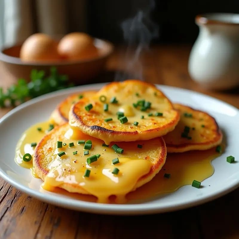 Arepas doradas y crujientes de plátano machado rellenas de queso ahumado derretido, con un brillo dorado de miel, servidas en un plato de madera rústico con rodajas de aguacate y cebolla morada al lado. Receta venezolana dulce-salada en airfryer.