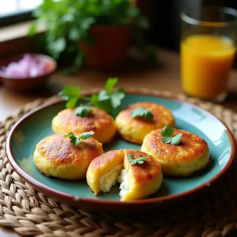 Arepas doradas y crujientes de plátano machado rellenas de queso de almendras cremoso, servidas en un plato de barro con cebolla morada y cilantro fresco. Desayuno venezolano sin gluten y sin lactosa.