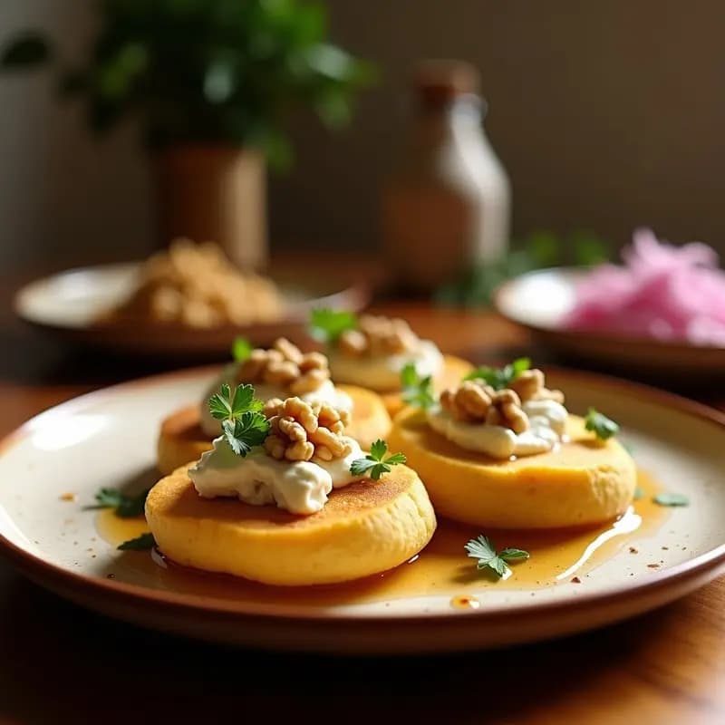 Arepas doradas de plátano macho rellenas de queso de cabra desmenuzado, miel de agave y nueces picadas, servidas en un plato rústico con cebolla morada salteada y perejil fresco por encima. Receta sin gluten con toque gourmet.