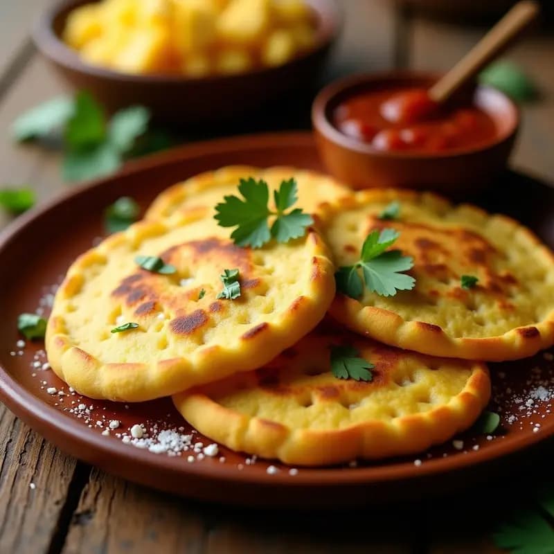 Arepas doradas de plátano macho y queso costeño servidas en un plato de barro, con textura crujiente por fuera y esponjosa por dentro, acompañadas de hogao criollo y culantro fresco.