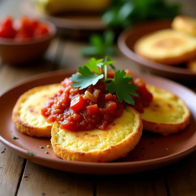 Arepas doradas y crujientes de plátano maduro rellenas de queso vegano derretido, servidas en un plato de barro con abundante hogao colombiano, decoradas con cilantro fresco.