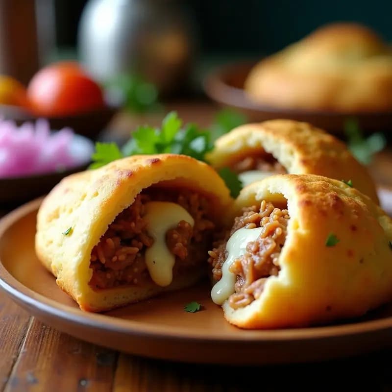 Arepas doradas y esponjosas abiertas por la mitad, rellenas de pulled pork desmenuzado y queso azul derretido, servidas en un plato de madera con hierbas frescas.
