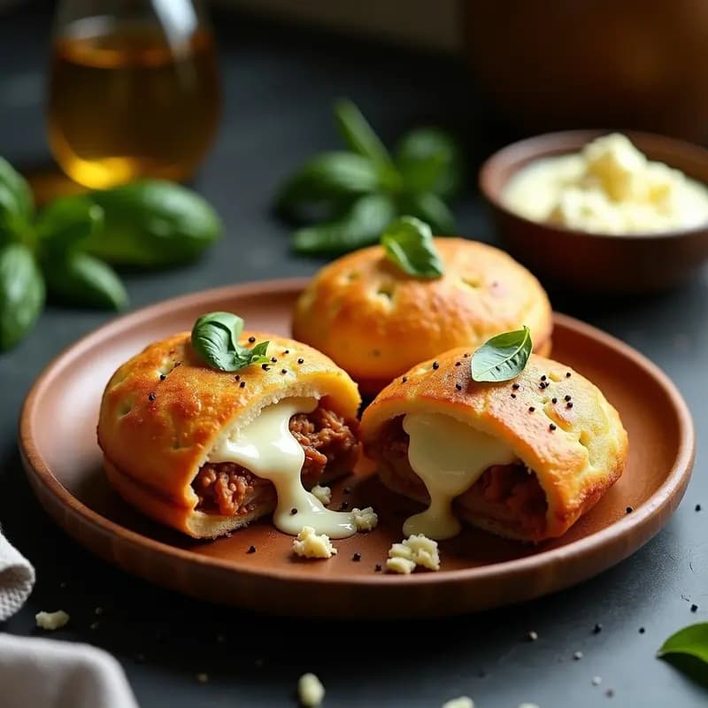 Arepas doradas y crujientes rellenas de pulled pork jugoso y queso gorgonzola derretido, servidas en un plato de madera con cebolla morada macerada y tomillo fresco. Receta de fusión colombiana-italiana en airfryer.