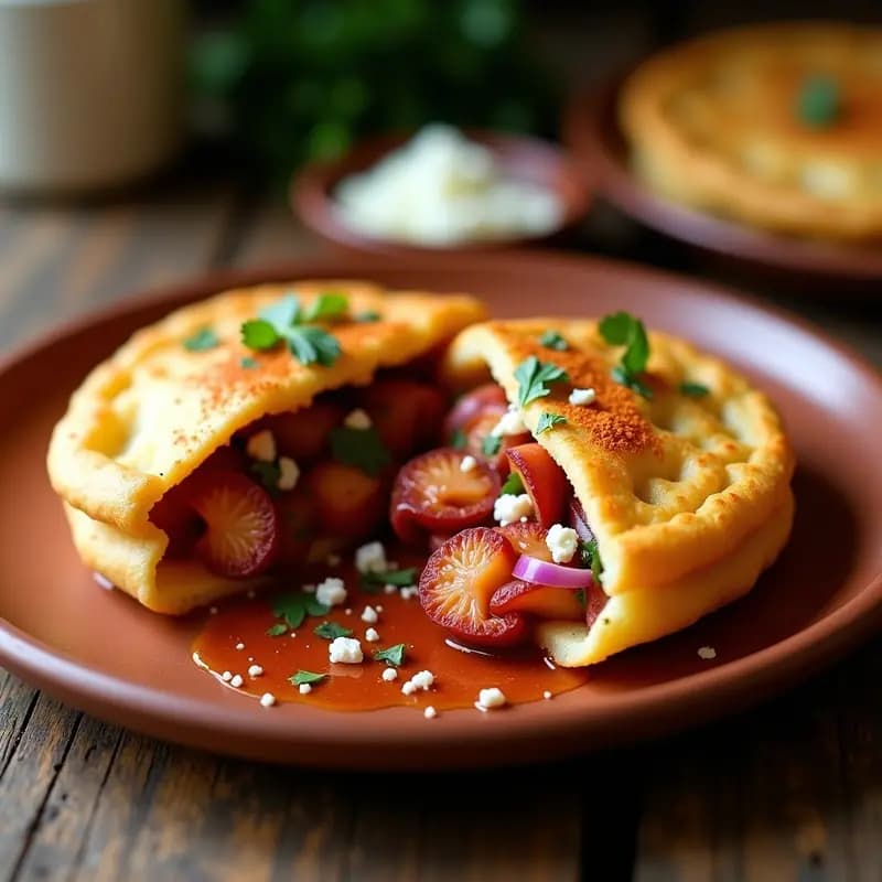 Arepas venezolanas doradas y crujientes abiertas por la mitad, rellenas de pulpo al ajillo con pimentón de la Vera, cebolla morada y perejil fresco, servidas en un plato de barro con fondo rústico.