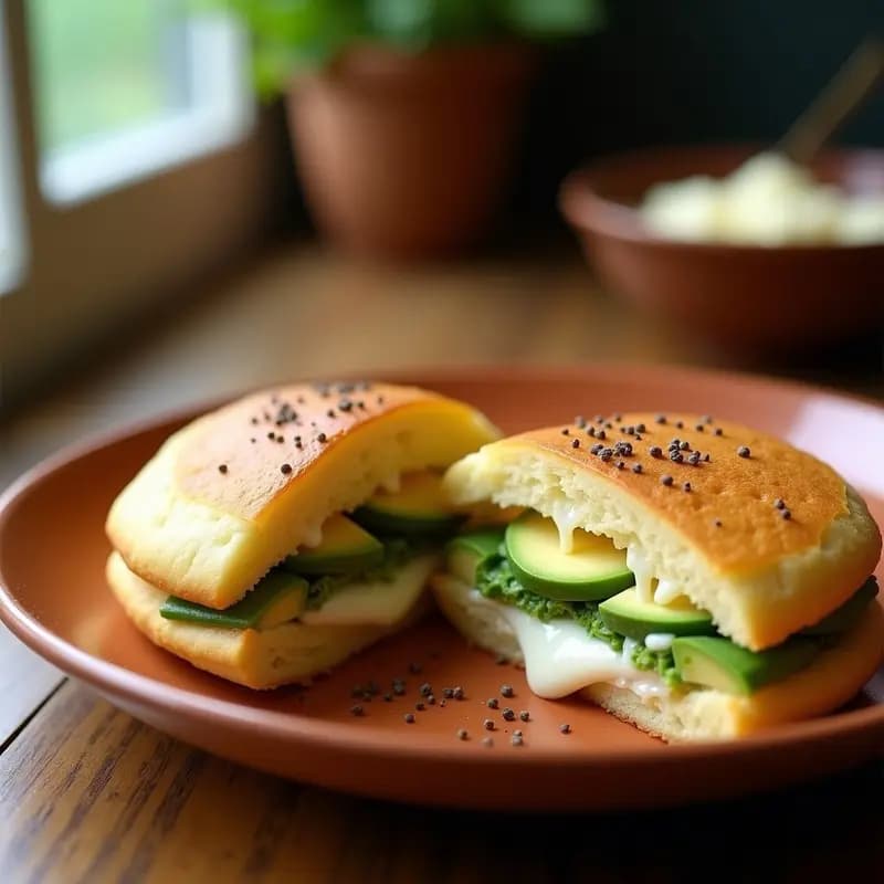 Arepas venezolanas doradas rellenas de queso blanco derretido y láminas de aguacate cremoso, servidas en plato de barro con pimienta negra espolvoreada. Desayuno rápido y sustancioso sin gluten.