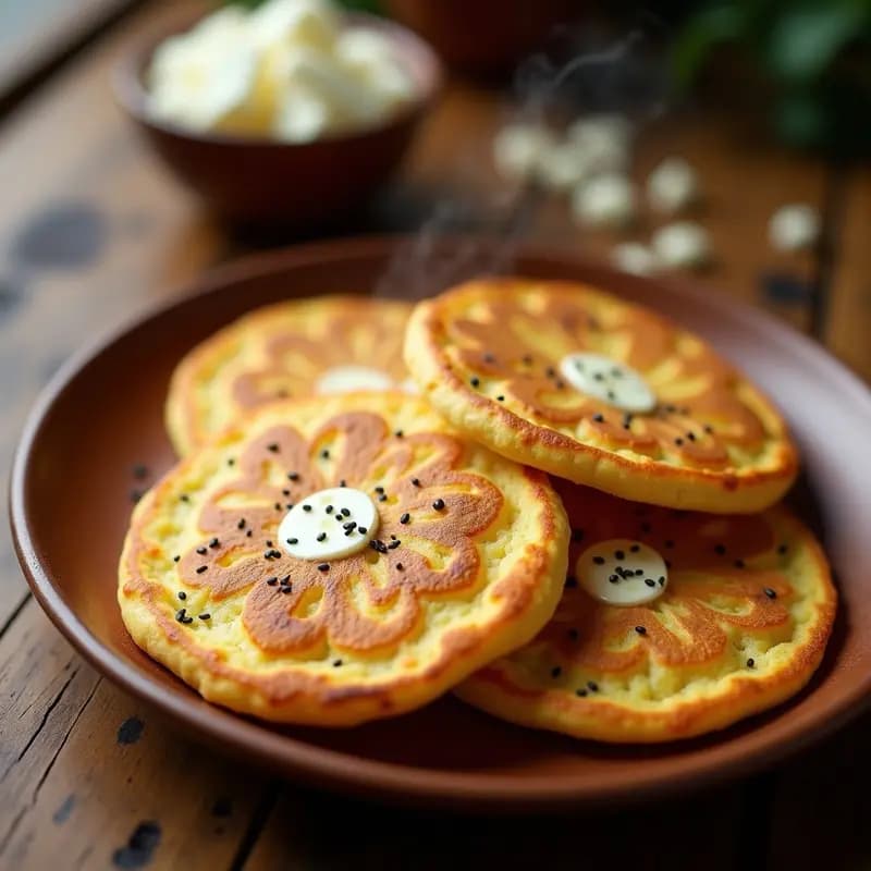 Arepas venezolanas doradas rellenas de queso blanco y semillas de chía, servidas en un plato de barro con cebollín fresco. Desayuno alto en proteína sin gluten.
