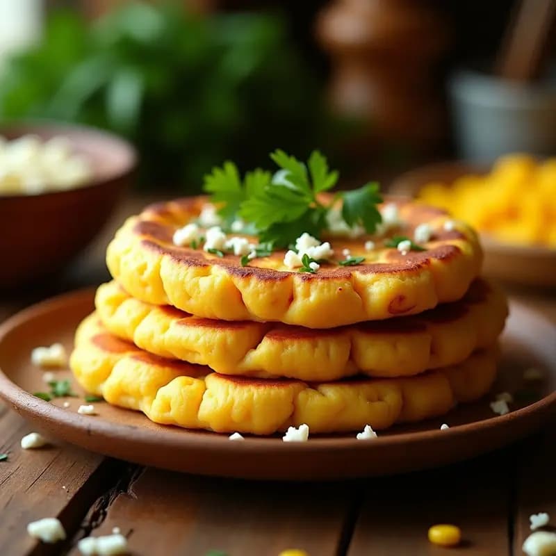Arepas doradas y crujientes de queso blanco y maíz dulce, apiladas en un plato de madera rústico con perejil fresco espolvoreado, receta colombiana tradicional para desayunar o cenar.