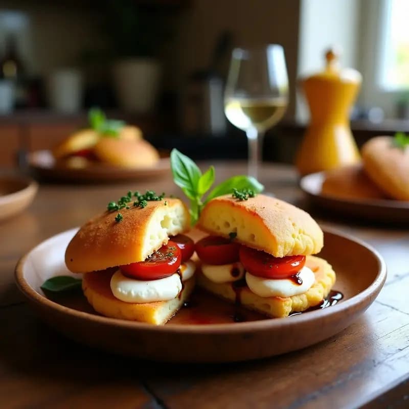 Arepas doradas y esponjosas rellenas de queso de búfala cremoso y tomate confitado, servidas en plato blanco con albahaca fresca y aceite de oliva, receta de desayuno veneziano gourmet.