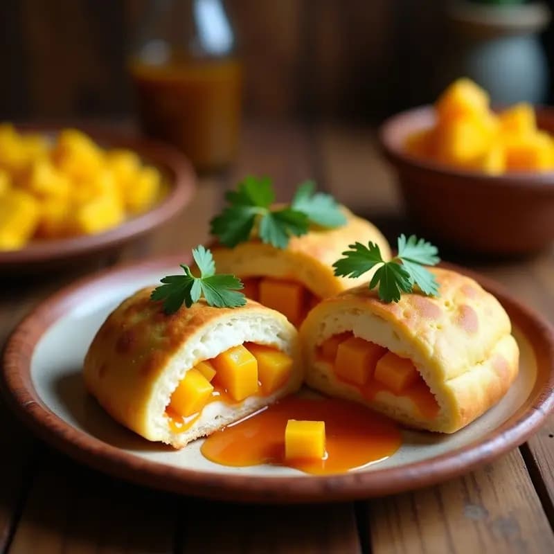Arepas doradas y crujientes rellenas de queso de cabra derretido y cubos de mango, bañadas en una salsa cremosa de chipotle. Plato decorado con cilantro fresco y servido en un plato de barro rústico, con fondo de cocina tradicional colombiana.