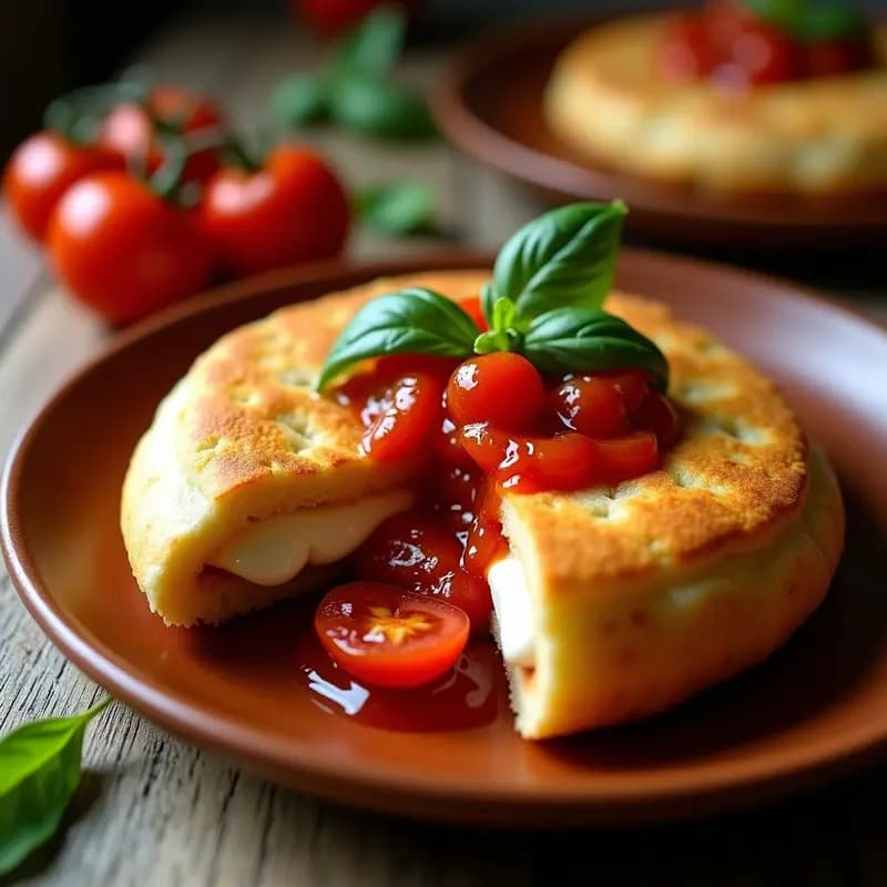 Arepas doradas y abiertas rellenas de queso de cabra cremoso, bañadas con mermelada de tomate brillante y decoradas con tomates cherry y albahaca fresca, servidas en un plato de barro rústico sobre una mesa de madera.