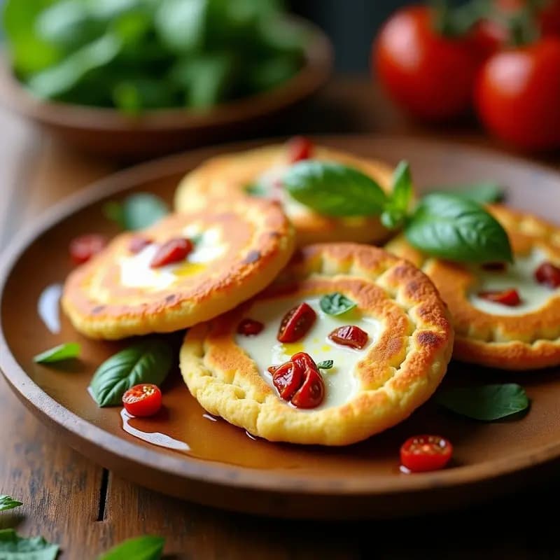 Arepas doradas y esponjosas de queso de cabra y tomates secos, servidas en un plato de madera rústico con un hilo de aceite de oliva y hojas de albahaca fresca. Desayuno venezolano sin gluten preparado en Thermomix.