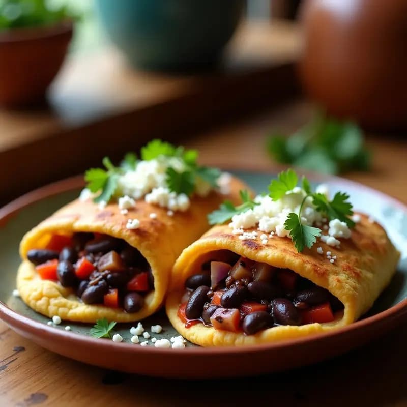 Arepas doradas y esponjosas abiertas por la mitad, rellenas de caraotas negras guisadas con cebolla y pimiento, y coronadas con queso blanco desmenuzado derritiéndose. Plato típico venezolano servido en un plato de barro rústico.