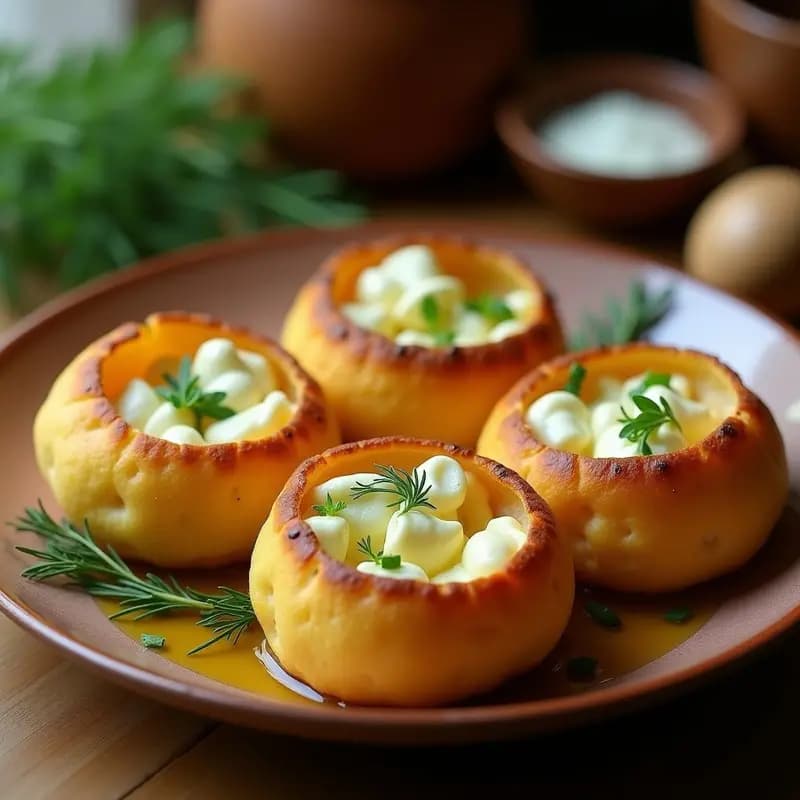 Arepas doradas y esponjosas rellenas de queso de castaña cremoso y hinojo fresco, servidas en un plato de barro con hojas de hinojo como decoración. Receta venezolana sin gluten y sin lactosa.