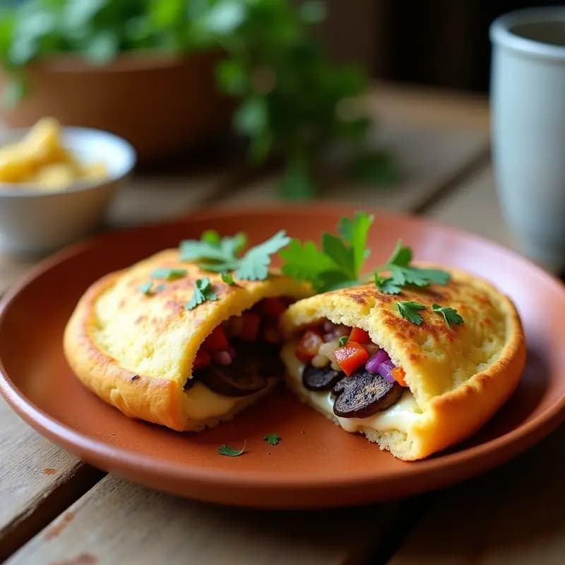 Arepas doradas de harina de garbanzo abiertas por la mitad, rellenas de queso vegano derretido y champiñones Portobello salteados con cebolla morada, servidas en un plato de barro con cilantro fresco y aguacate al lado. Receta de desayuno colombiano vegano rápido.