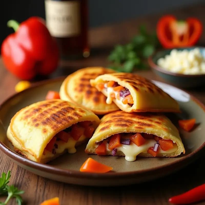 Arepas doradas y crujientes rellenas de queso derretido y chicharrón desmenuzado, servidas en un plato de madera con cebolla morada picada. Receta venezolana tradicional cocinada en airfryer.