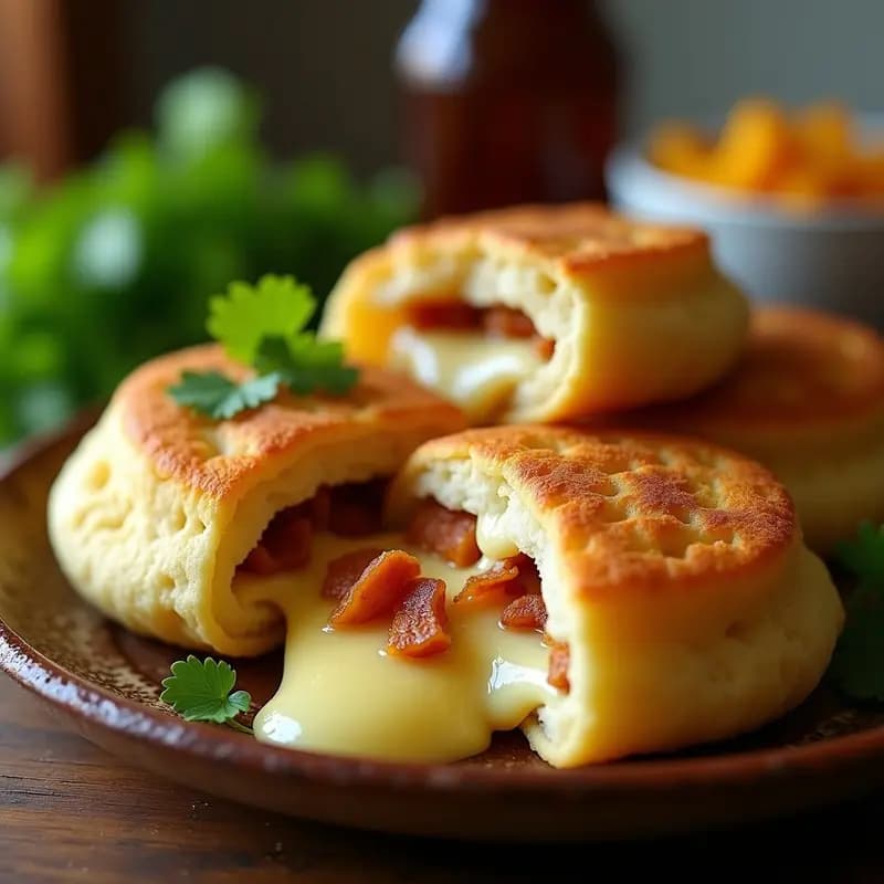 Arepas doradas y crujientes rellenas de queso blanco fundido y trocitos de chicharrón, servidas en un plato rústico con cilantro fresco. Receta tradicional venezolana para desayuno o cena.