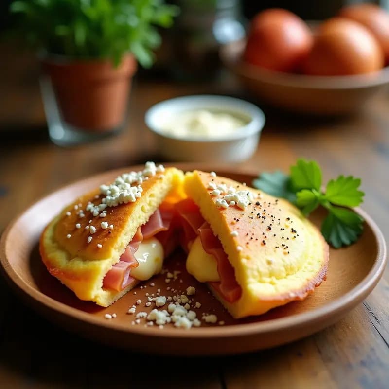 Arepas venezolanas doradas y crujientes abiertas por la mitad, rellenas de queso de guayaba derretido y láminas de jamón serrano dorado, con queso blanco desmenuzado y pimienta negra, servidas en un plato de madera rústico con fondo borroso de cocina tradicional.