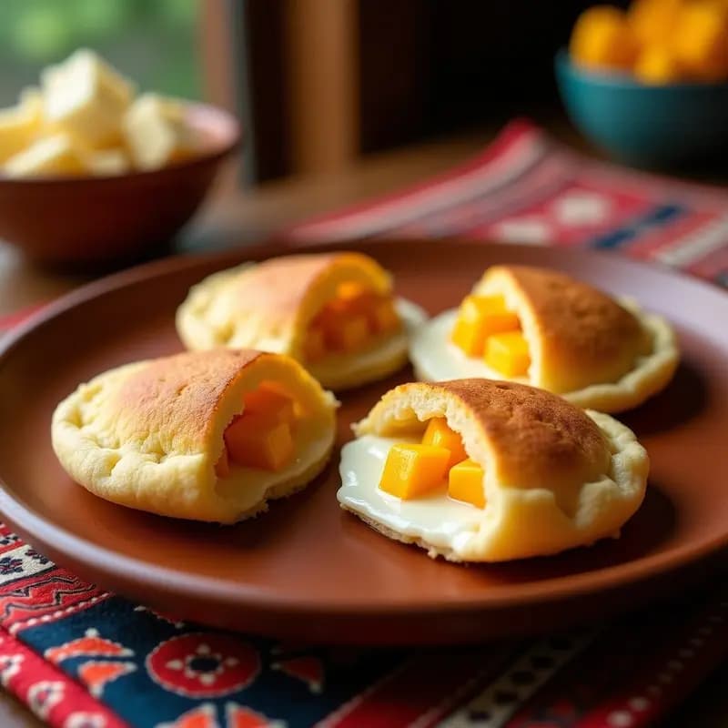 Arepas venezolanas doradas y esponjosas abiertas por la mitad, rellenas de queso guayanés derretido y trozos brillantes de chicle de mango, servidas en un plato de barro con fondo de mesa rústica.