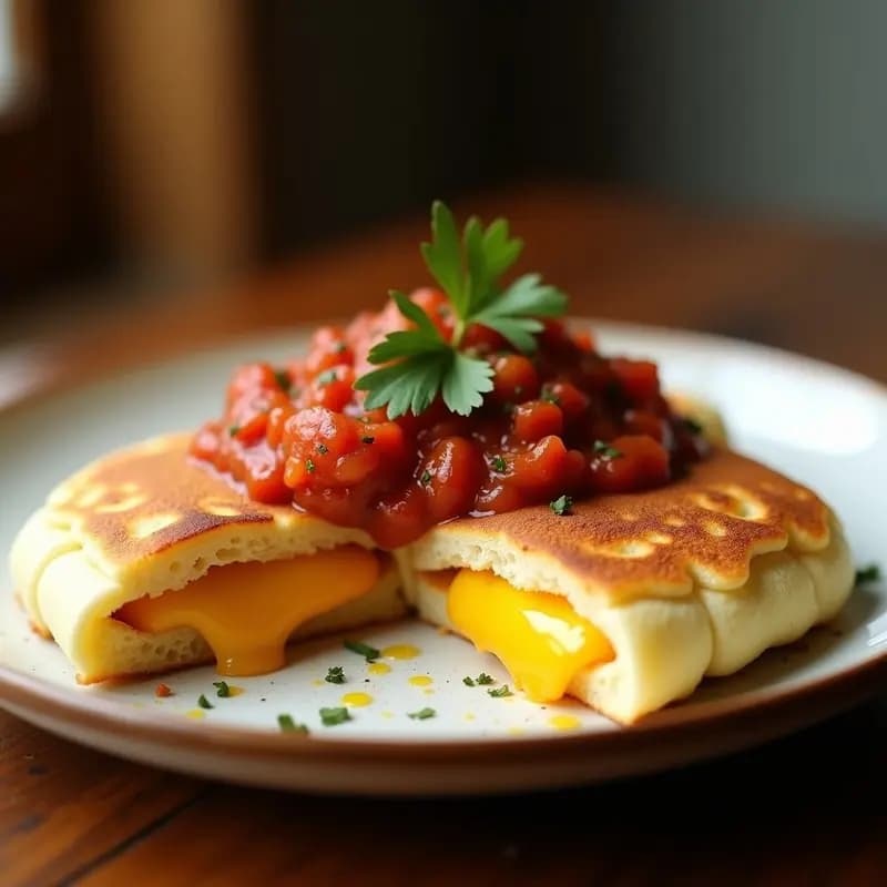 Arepas doradas y esponjosas rellenas de queso derretido, servidas en un plato rústico con una generosa porción de hogao criollo (salsa de tomate, cebolla y especias) encima. Plato tradicional colombiano listo para desayunar.