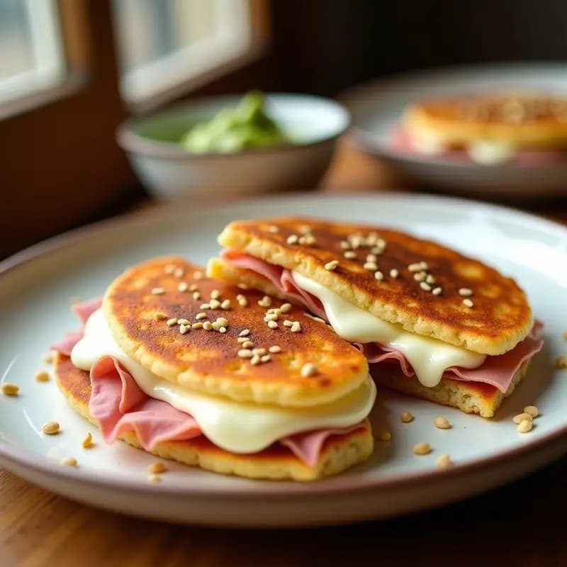 Arepas doradas y esponjosas rellenas de queso fundido y jamón York, servidas en un plato blanco con un toque de mantequilla derretida, desayuno venezolano rápido y sabroso.