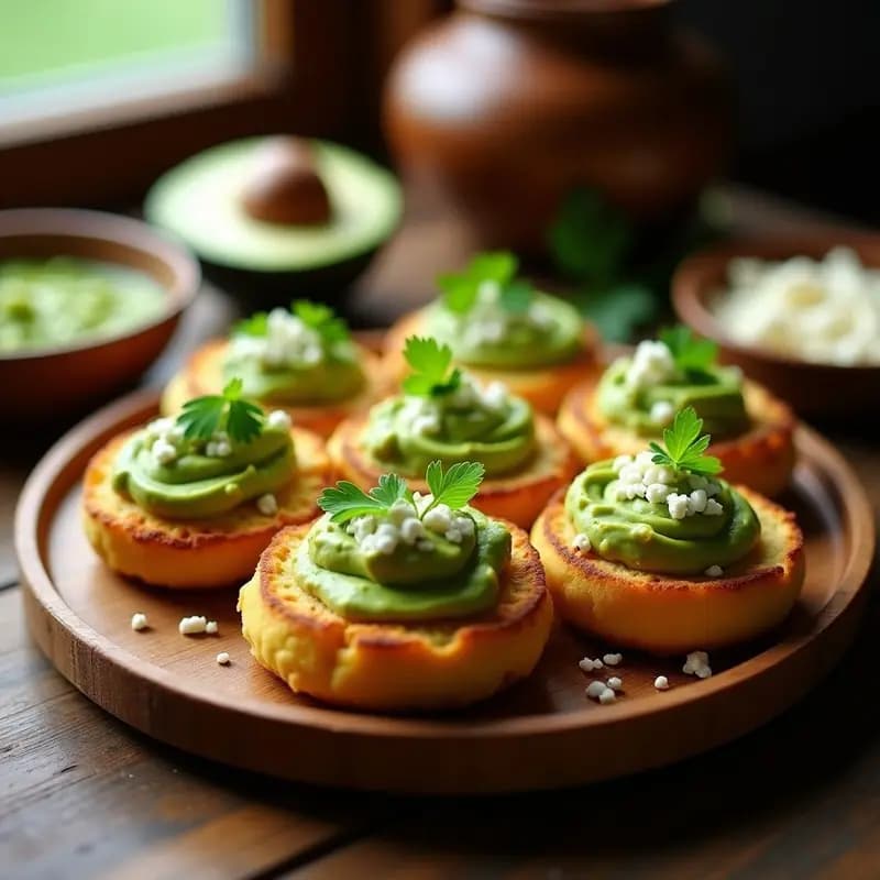 Arepas venezolanas doradas y crujientes de queso y maíz tostado, abiertas por la mitad y rellenas de crema de aguacate verde brillante, servidas en un plato de madera rústico con cilantro fresco espolvoreado.