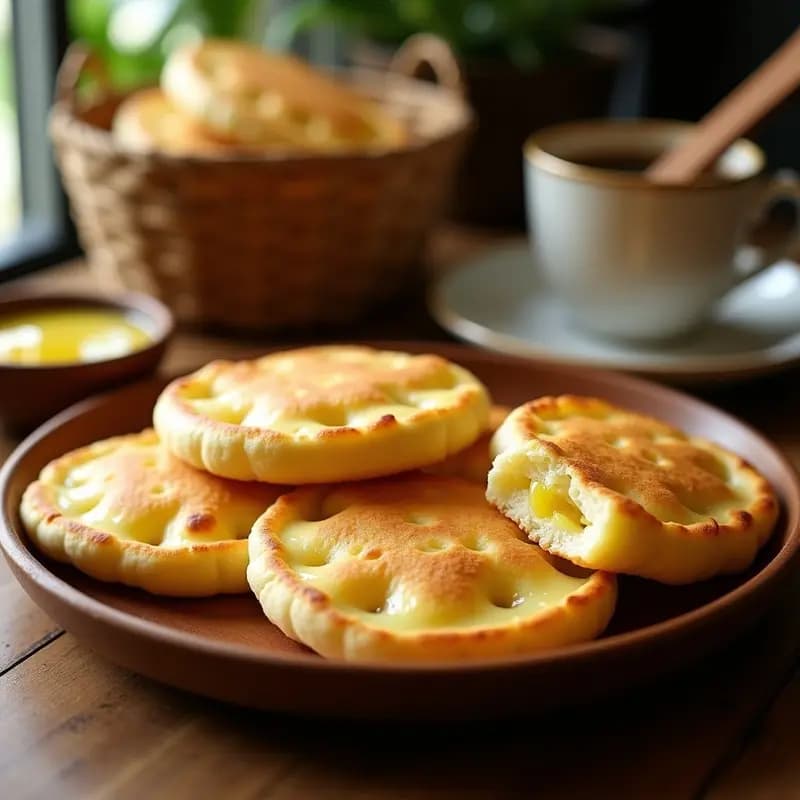 Arepas venezolanas doradas y crujientes rellenas de queso de mano derretido, con maíz tostado visible en la masa, servidas en un plato de madera con mantequilla derretida brillando sobre su superficie.