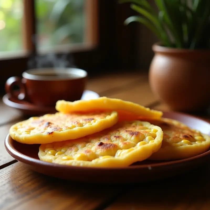 Arepas doradas y esponjosas de queso y maíz tierno, servidas en un plato de barro con trozos de queso derretido visibles, acompañadas de una taza de café humeante sobre una mesa rústica de madera.