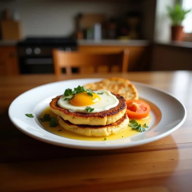 Arepas veganas de queso de soja envueltas en hojas de plátano doradas, servidas en un plato de barro con semillas de sésamo espolvoreadas y acompañadas de un dip verde. Receta sin gluten y alta en proteína.