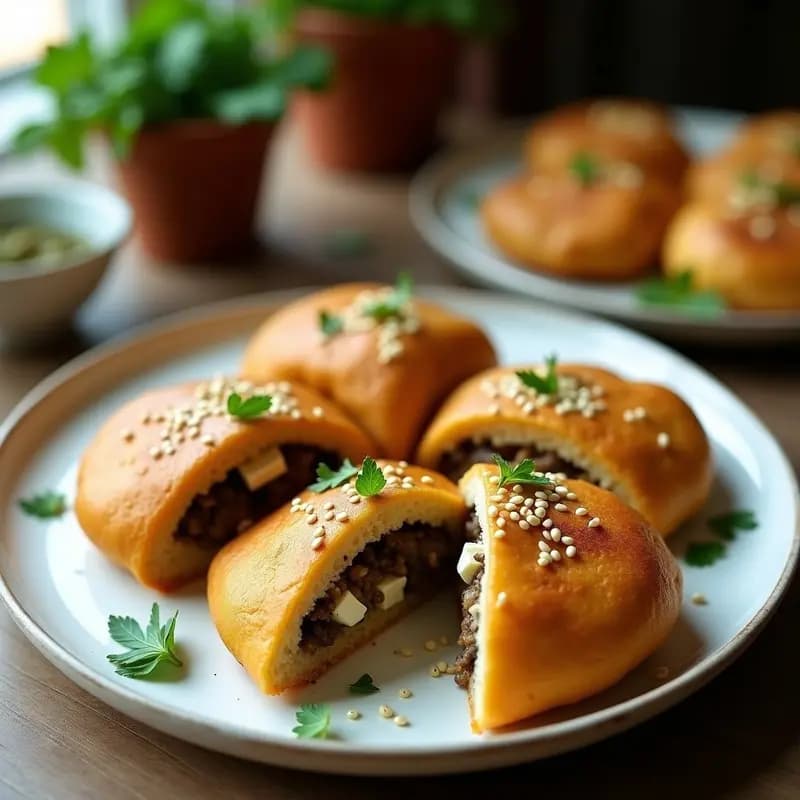 Arepas doradas de quinoa abiertas por la mitad, rellenas de champiñones portobello salteados con ajo y orégano, queso feta desmenuzado y semillas de sésamo, servidas en un plato blanco con fondo rústico de madera.