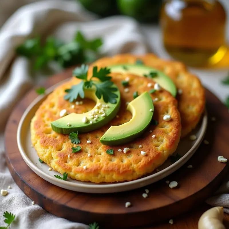 Arepas doradas de quinoa y chirivía sobre bandejas de madera rústica, decoradas con almendras fileteadas y cebollino fresco, acompañadas de dip de yogur y hierbas. Receta venezolana sin gluten y alta en fibra.