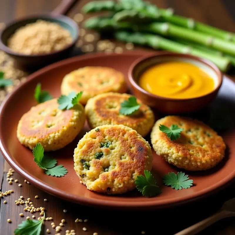 Plato rústico de madera con arepas doradas de quinoa y espárragos, cortadas por la mitad para mostrar su textura esponjosa. Acompañadas de una salsa cremosa de ají amarillo en un bol pequeño y decoradas con puntas de espárragos trigueros y cilantro fresco. Receta peruana sin gluten.