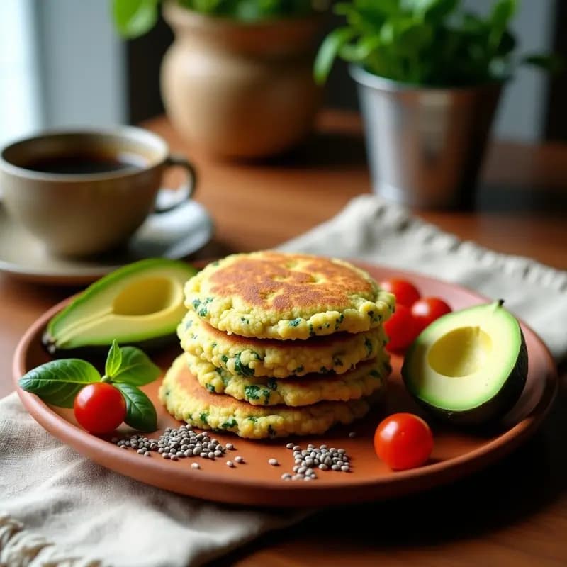 Arepas doradas de quinoa y espinacas apiladas en un plato de barro, con textura esponjosa y vetas verdes. Acompañadas de rodajas de aguacate y tomate fresco, sobre un mantel rústico. Desayuno venezolano sin gluten y alto en hierro.