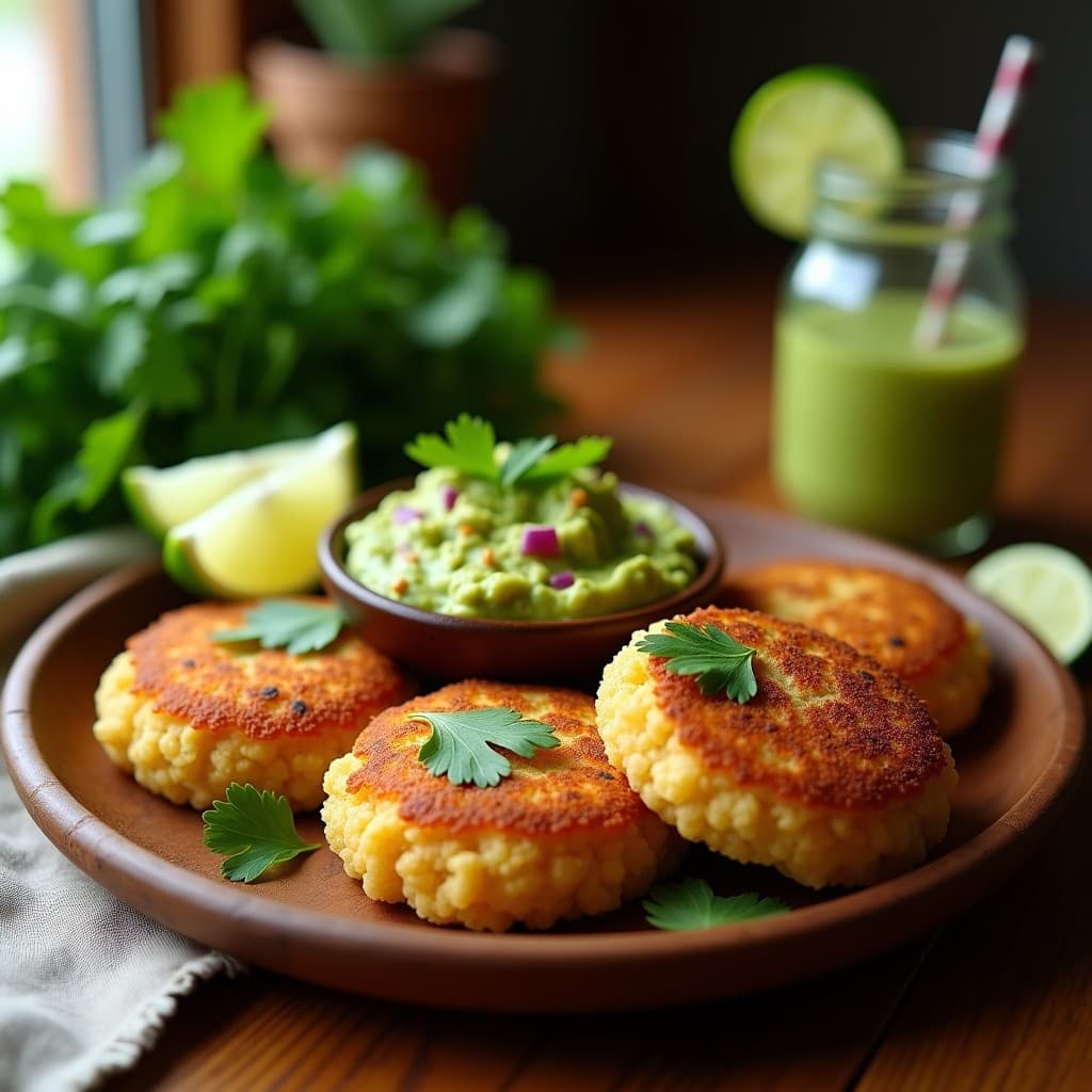 Arepas doradas y crujientes de quinoa y espinacas rellenas de guacamole cremoso, servidas en un plato de madera rústico con hojas de cilantro fresco y rodajas de limón. Receta colombiana sin gluten en airfryer.