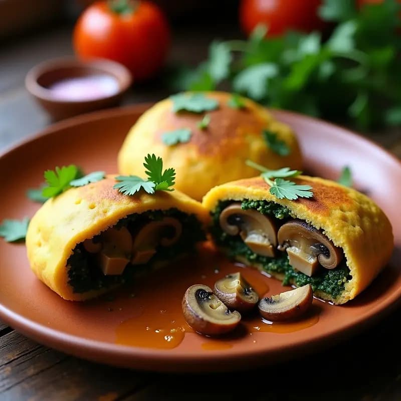 Arepas doradas de quinoa y espinacas abiertas por la mitad, rellenas de champiñones portobello salteados con ajo y cilantro, servidas en un plato de barro rústico con fondo de madera oscura, receta colombiana keto.