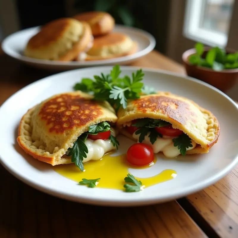 Arepas doradas de quinoa y espinacas abiertas por la mitad, rellenas de queso cremoso de almendras, cebolla morada en juliana y tomates cherry salteados. Plato tradicional venezolano vegano y sin gluten, servido en un plato de cerámica blanca sobre una mesa de madera rústica.