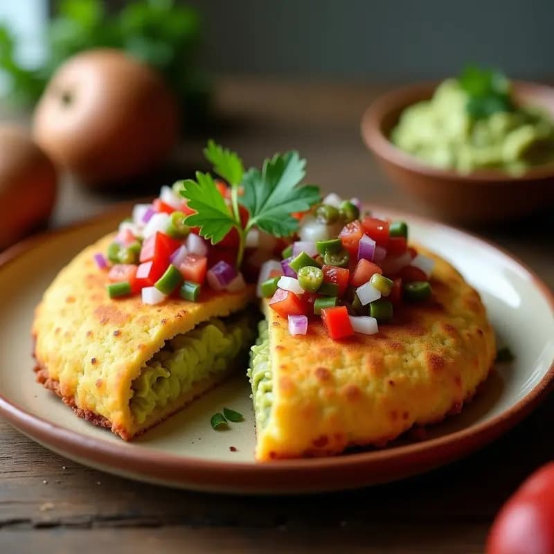 Arepas doradas de quinoa abiertas por la mitad, rellenas de guacamole cremoso y pico de gallo colorido, servidas en un plato rústico con hojas de cilantro. Receta sin gluten y vegana.