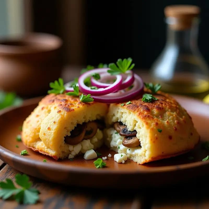Arepas doradas de quinoa abiertas por la mitad, rellenas de queso de cabra desmenuzado y higuitos salteados, servidas sobre un plato de madera rústico con perejil fresco y rodajas de cebolla morada como decoración. Receta colombiana sin harina.