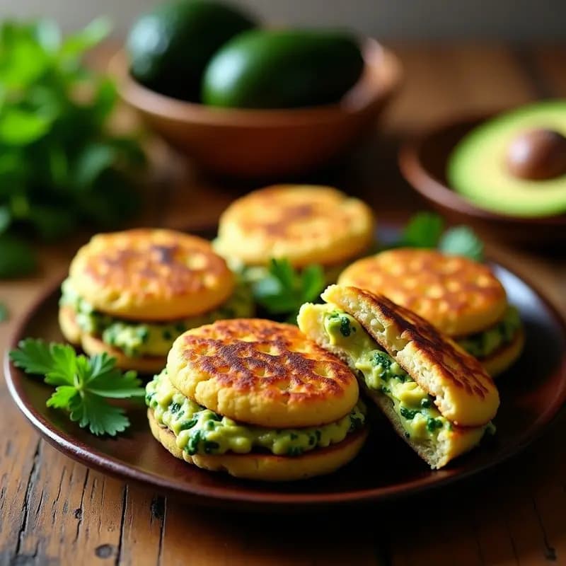 Arepas doradas y crujientes de quinua y espinacas sin gluten, cortadas por la mitad y rellenas de cremoso aguacate verde con trocitos. Decoradas con cilantro fresco sobre un plato de madera rústico, receta colombiana saludable.