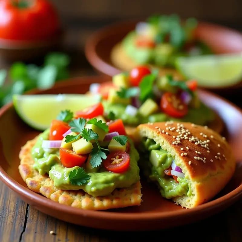 Arepas doradas y esponjosas rellenas de guaracamole cremoso con trozos de aguacate, cebolla morada y tomate cherry, decoradas con semillas de sésamo y cilantro fresco sobre un plato de barro rústico.