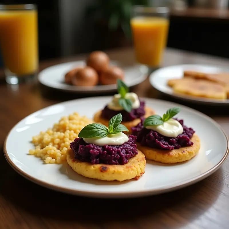 Arepas de repollo morado y queso de castaña keto, con color púrpura intenso y rellenas de queso cremoso, servidas en un plato de madera rústico con hojas de cilantro fresco como decoración.