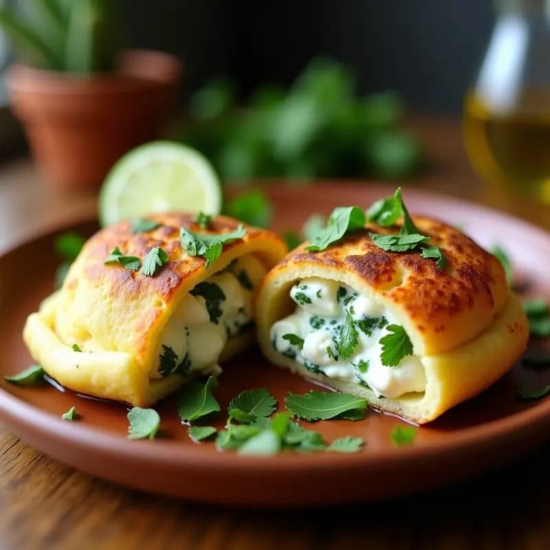 Arepas doradas y esponjosas abiertas por la mitad, rellenas de una mezcla cremosa de requesón fresco y hierbas frescas picadas (albahaca, perejil y cebollino), servidas en un plato de barro con un toque rústico. Receta de desayuno venezolano alta en proteína.