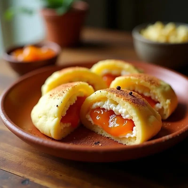 Arepas doradas y esponjosas abiertas por la mitad, rellenas de requesón cremoso espolvoreado con canela y mermelada de guayaba brillante, servidas en un plato de barro rústico con fondo de madera.
