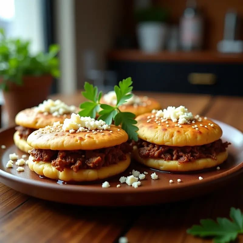 Arepas venezolanas doradas y esponjosas rellenas de carne mechada jugosa con vinagre balsámico, espolvoreadas con semillas de sésamo y queso blanco desmenuzado, servidas en un plato de madera con perejil fresco.