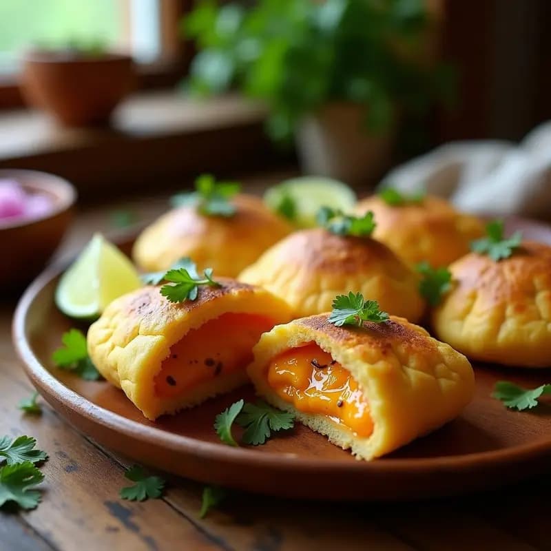 Arepas venezolanas doradas de ñame abiertas por la mitad, rellenas de queso de soja cremoso con trocitos de cebolla morada y pimiento rojo, servidas en un plato de barro sobre una mesa de madera con hierbas frescas al lado.