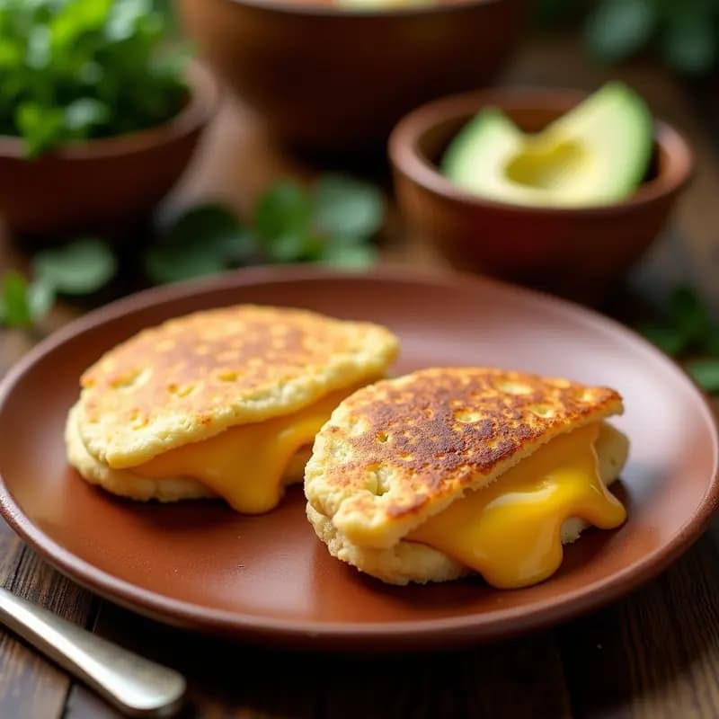 Arepas venezolanas doradas y crujientes abiertas por la mitad, rellenas de queso guayanés derretido, sobre un plato de barro rústico con fondo de cocina tradicional.