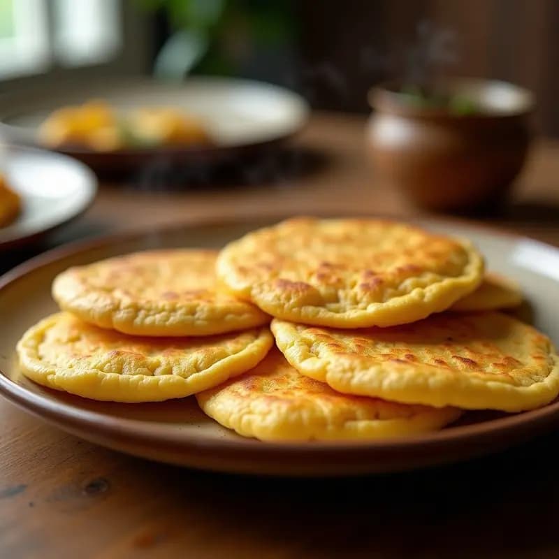 Arepas venezolanas doradas y crujientes en sartén antiadherente, rellenas de queso de mano derretido, con textura esponjosa y costra tostada, servidas en plato rústico de barro.