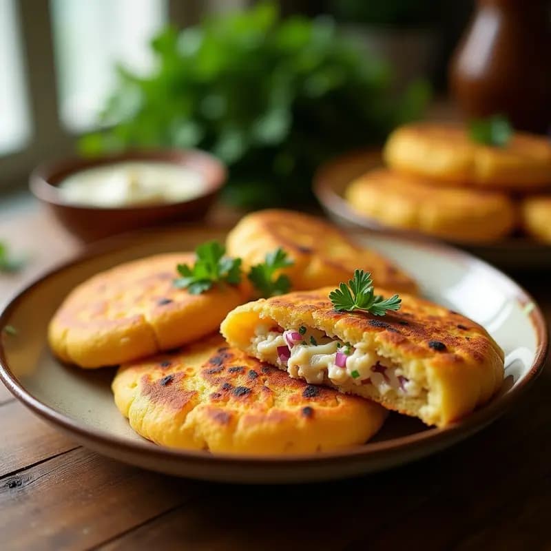 Arepas venezolanas doradas y crujientes hechas con almidón de yuca y queso de soja, decoradas con semillas de sésamo negro, servidas en un plato de madera rústico con rodajas de aguacate al lado.