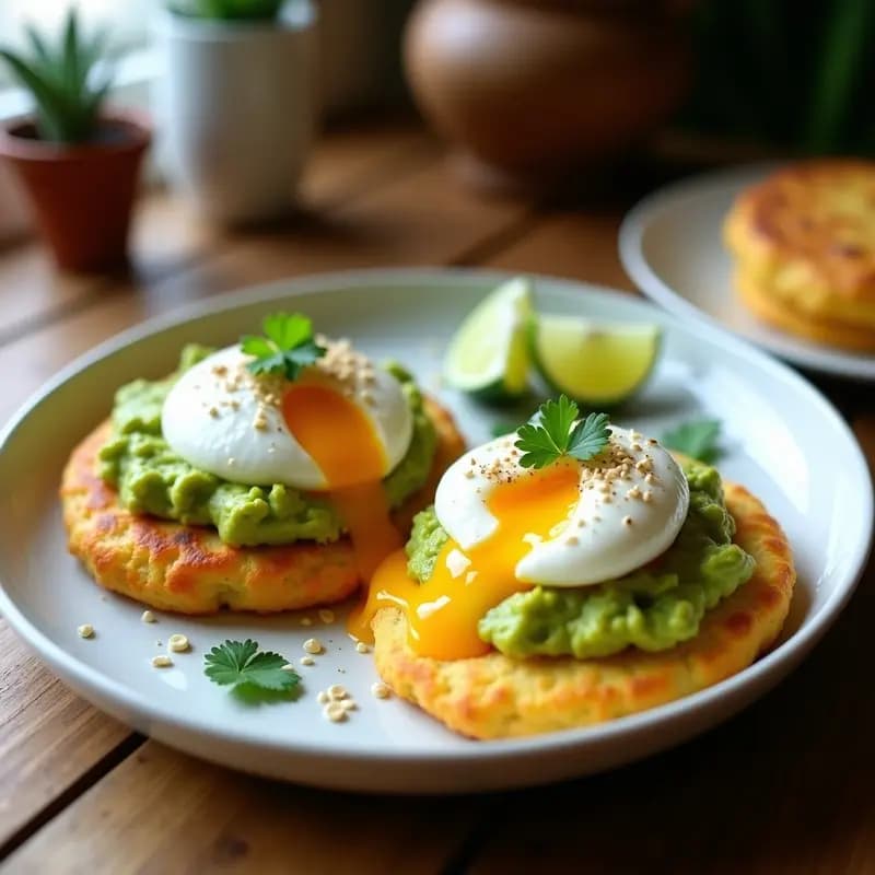 Plato con dos arepas de yuca doradas y crujientes, abiertas y rellenas de cremoso aguacate verde y huevo poché con yema líquida, decoradas con cilantro fresco y pimentón ahumado. Desayuno Venezuela keto sobre fondo rústico.