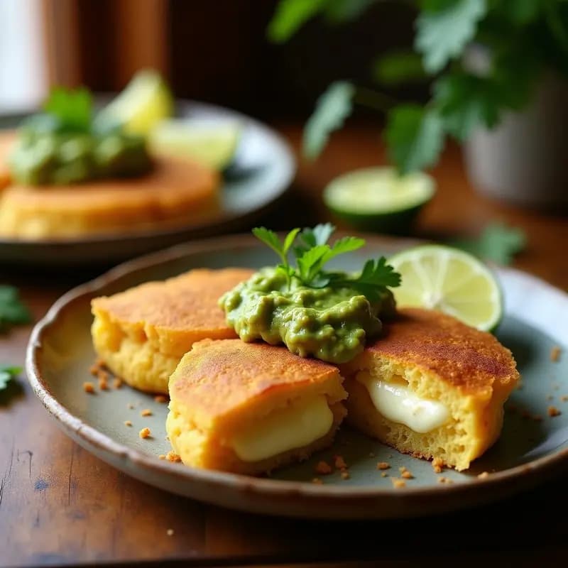 Arepas doradas de yuca rellenas de queso de anacardos cremoso, servidas en un plato de cerámica con guasacaca verde vibrante y rodajas de limón, desayuno venezolano sin lácteos.