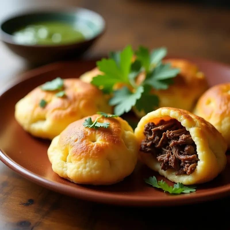 Arepas de yuca doradas y crujientes abiertas por la mitad, rellenas de carne desmechada jugosa y espolvoreadas con queso campesino desmenuzado. Plato típico colombiano servido en un plato de barro con fondo rústico.